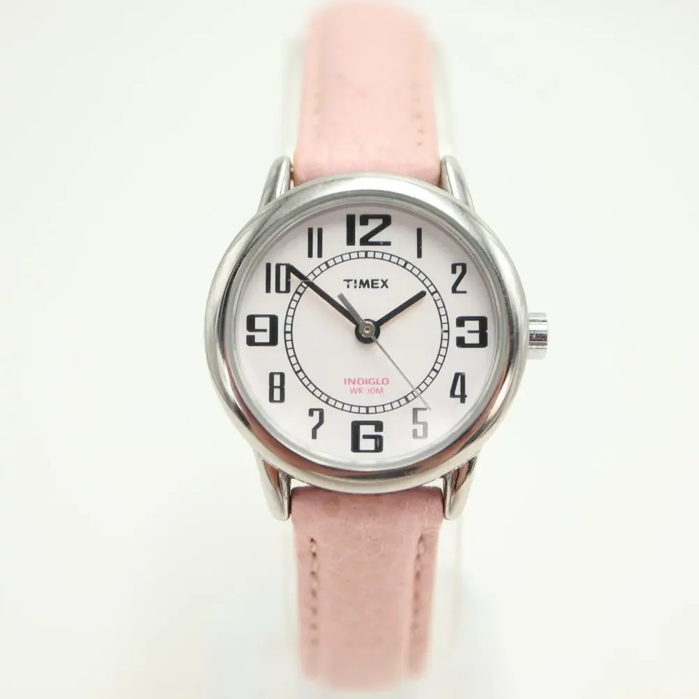 Timex Indiglo Pink Backlight Womens Silver Tone 25mm Watch Leather w New Battery